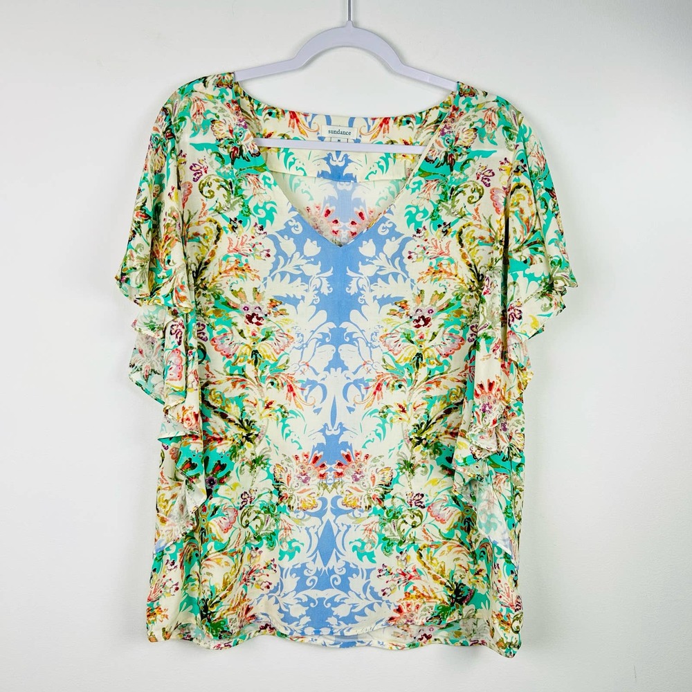 Sundance Blue Green Floral Blouse Ruffle Flowy Size Medium
